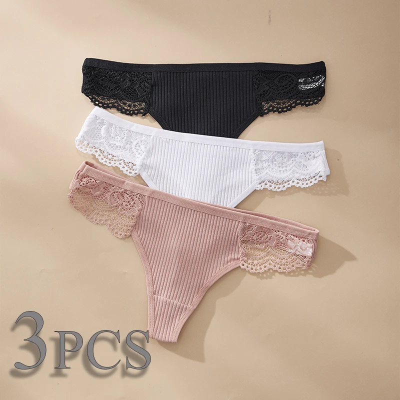 3 шт. женские стринги размера плюс 1XL-4XL однотонные хлопковые дышащее удобное