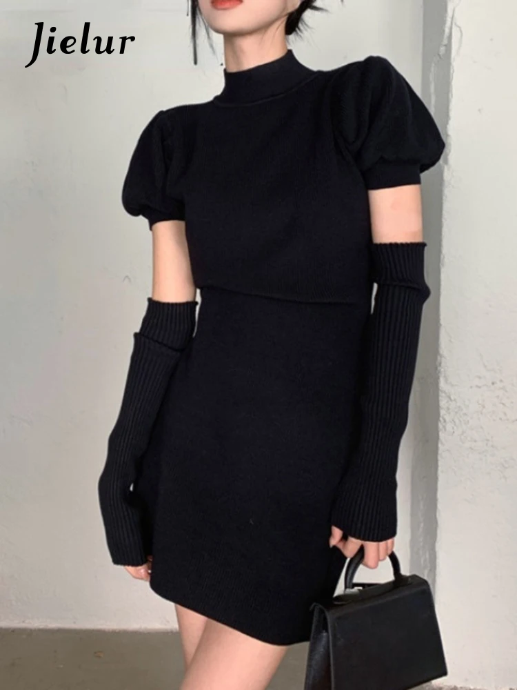 

Трикотажное облегающее платье Jielur 2022, сексуальное платье-свитер с пышными рукавами, мини-платье, женское вечернее цельное платье, весенняя ...