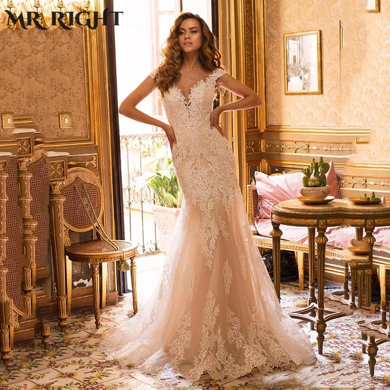 

Tulle Mermaid Wedding Dress For Bride Lace Applique Bridal Gown Women Boho Party Evening Robe Vestido De Novia