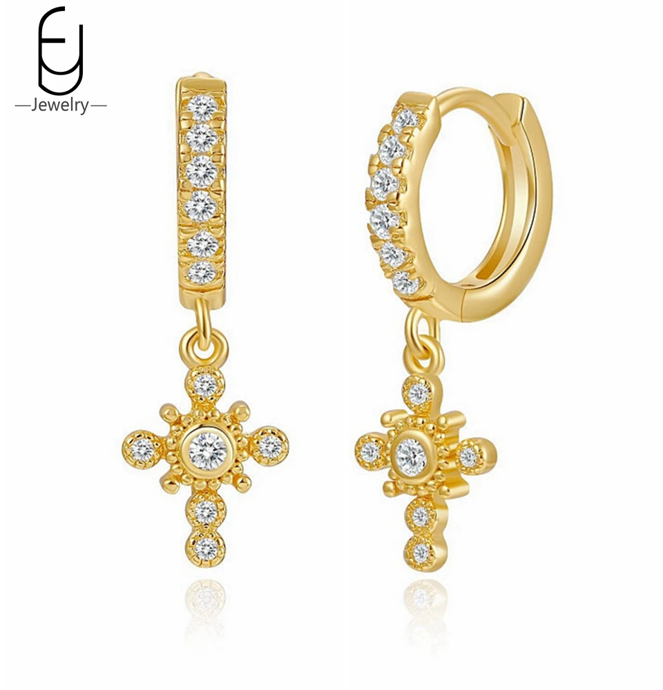 

925 Sterling Silver Needle Vintage Cross Gold Earrings for Women Fashion Crystal Hoop Earrings Wedding Party Luxury Jewelry Gift