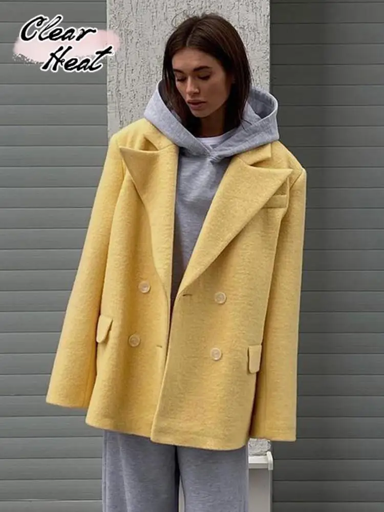 

2023 Women Yellow Overtised Blazer Coat Winter Vintage Long Sleeve Flap Pockets Female Antumn Outerwear Chic Blazer OverCoats