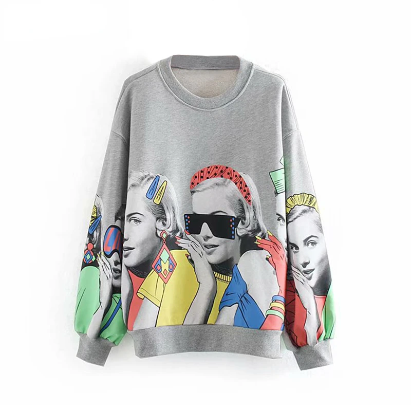 

2023New Character Print Sweatshirt Women Loose O Neck Casual Pullover Female Long Sleeve Hoodies Ladies Sweatshirts Gray Top