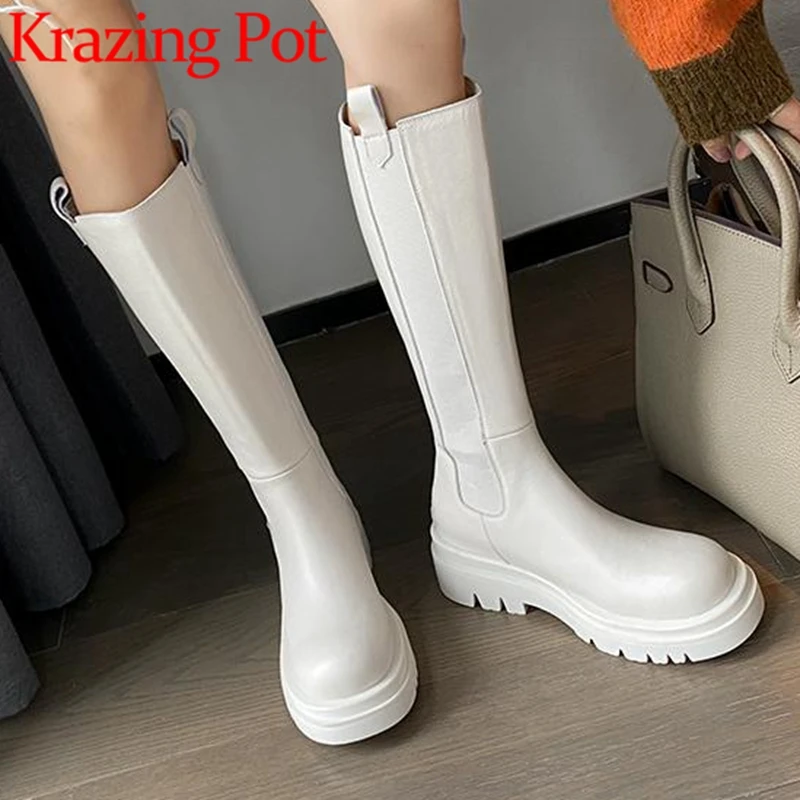 

Krazing Pot Cow Leather Equestrian Boot Round Toe Med Heel Modern Breathable Leisure Waterproof Slip on Concise Thigh High Boots