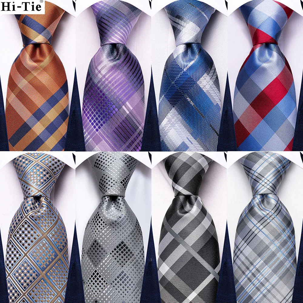 

2022 Light Purple Plaid Mens Tie Hanky Cufflinks Set Silk Necktie For Men Wedding Party Business Hi-Tie Fashion Brand Dropship