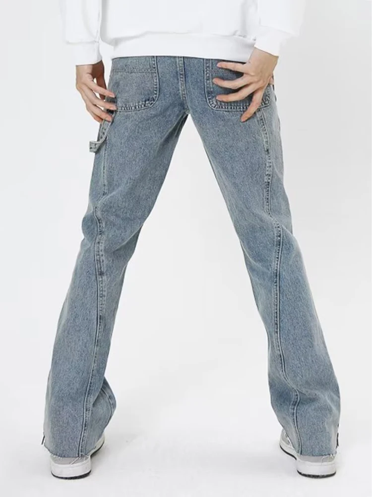 Retro Blue Flared Jeans Men's Baggy Pants Street Clothing Loose Jeans Stitching Design Casual Denim Trousers Y2k Men’s Jeans