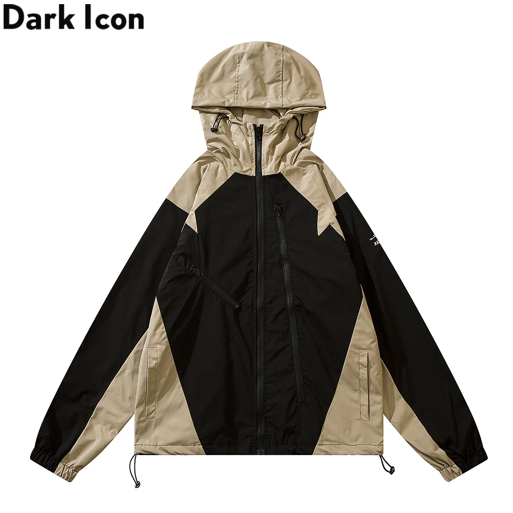 

Dark Icon Patchwork Wind Proof Hooded Jacket Men Autumn Color Contrast Off Shoulder Men's Jackets