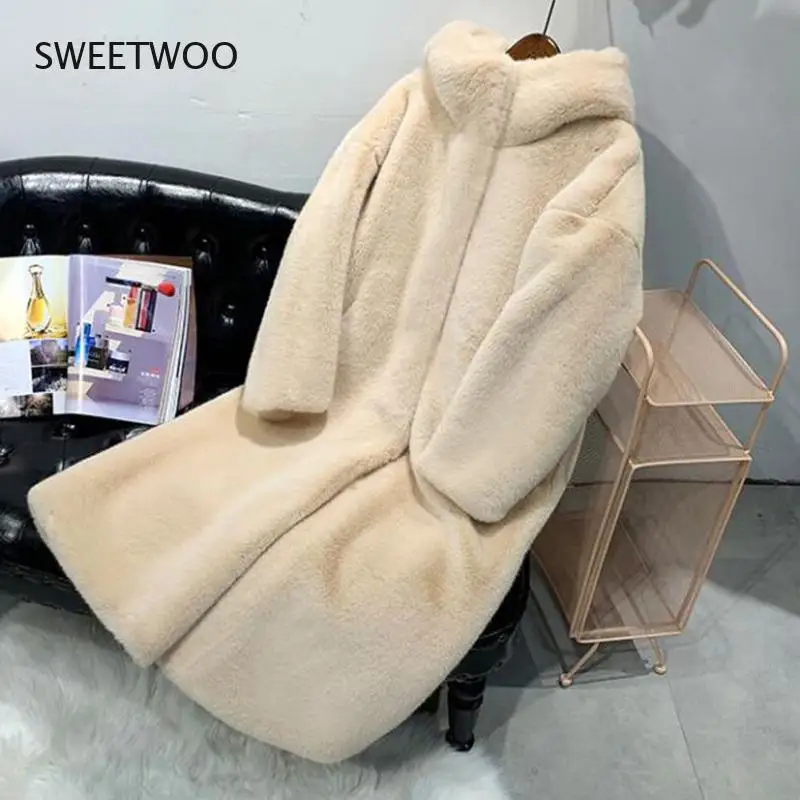 Winter Coat Women Faux Rabbit Hair Fur Coat Korean Hooded Imitation Mink Hair Long Jacket Loose Thick Warm Faux Fur Jacket Tide