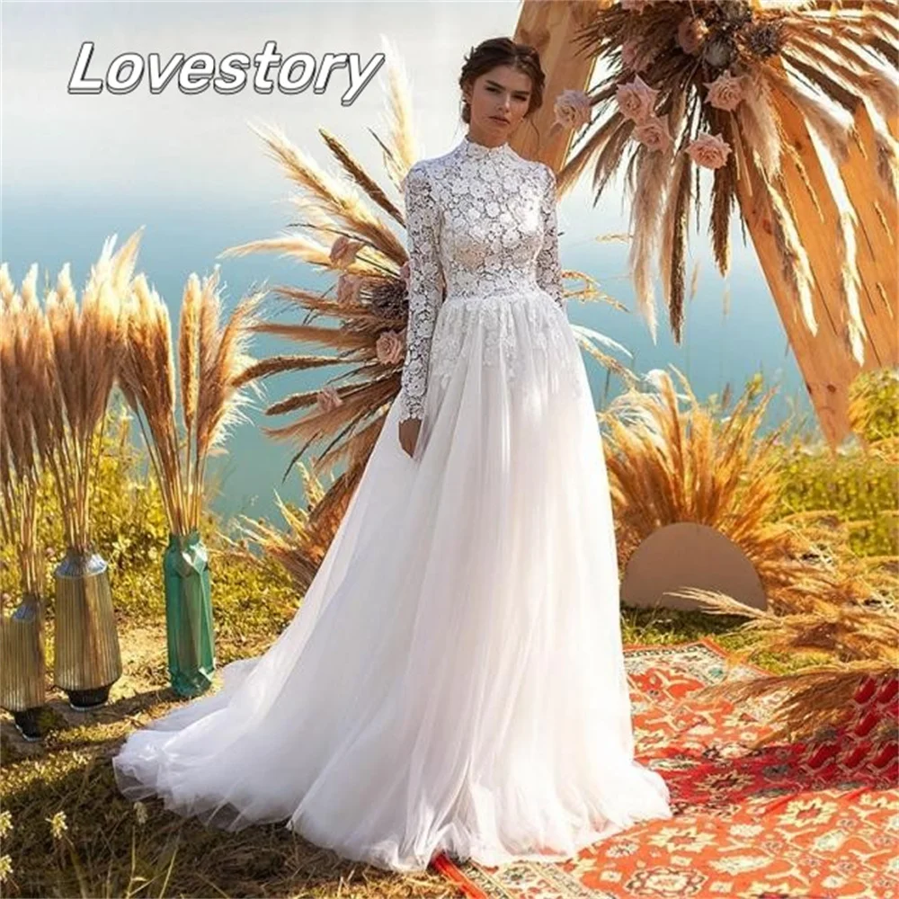 

Pastrol A-Line Wedding Dresses Long Sleeves Bride Robe Illusion Lace Applique Bridal Gown High Neck Boho Satin Vestidos De Noiva