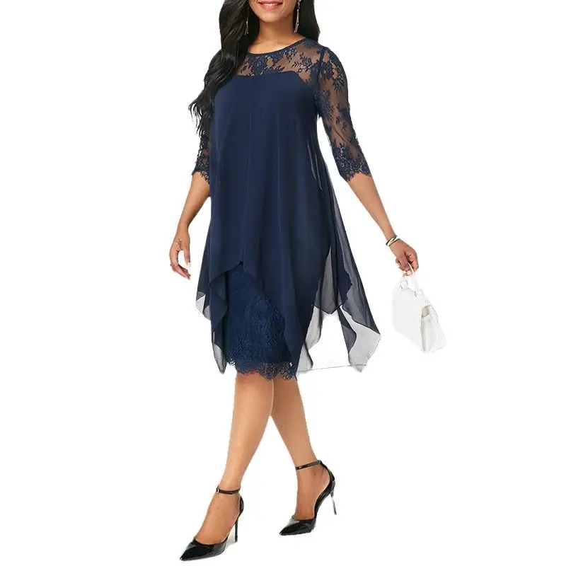 

2022 Spring Autumn Vintage Floral Lace Patchwork Dresses Oversize 4XL 5XL Women Elegant O Neck Party Chiffon Midi Dress Vestidos