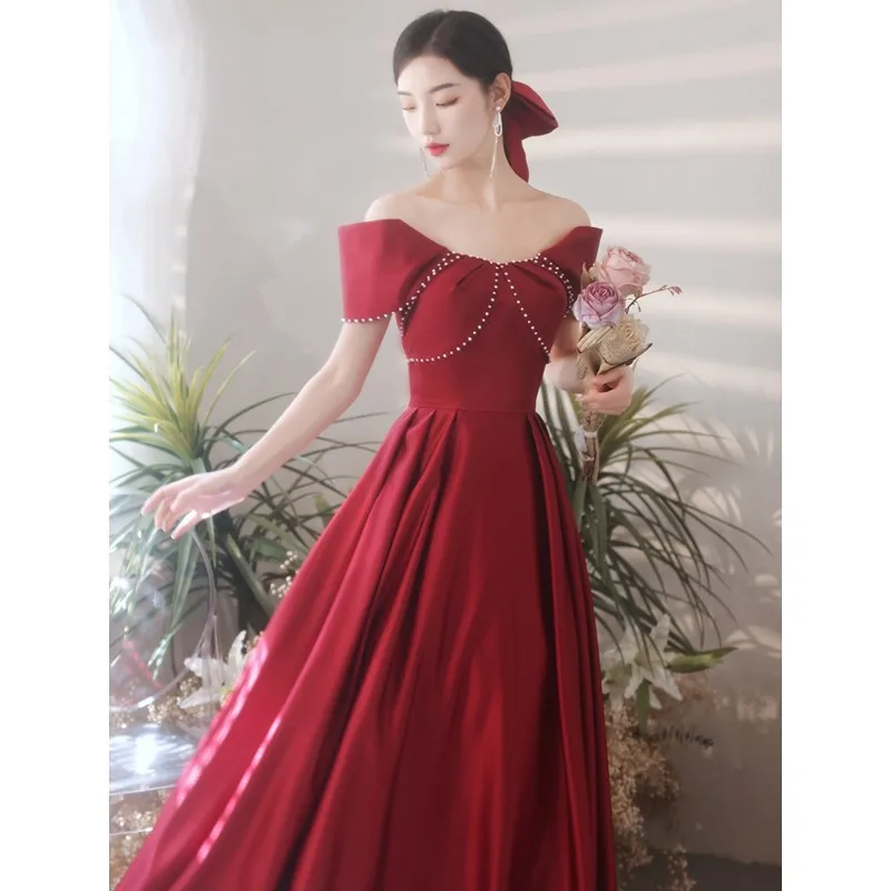 

Vintage Wine Red Satin Evening Dress Elegant Off The Shoulder Long Suknie Wieczorowe Mono Simple Sweet Vestido De Festa Longo