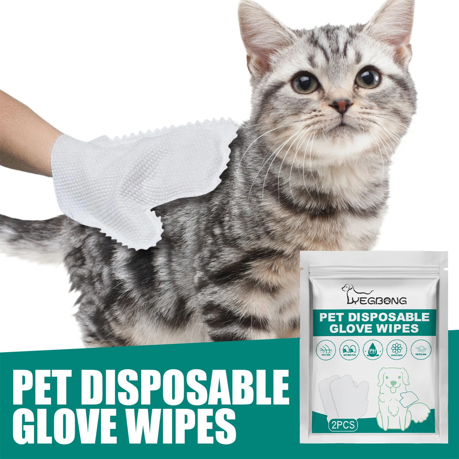 

2pcs/pack Disposable Pet Stain Remover Wipes Non-woven Fabric Glove For Dog Cat Cleaning Grooming No Wash Gloves