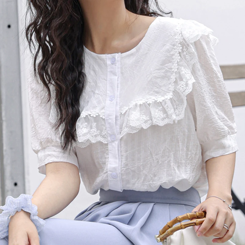 

Summer Women's Short Sleeved Round Neck French Bubble Sleeved Solid Lace Patchwork Shirt Blouse Women Camisas De Mujer Tops A75