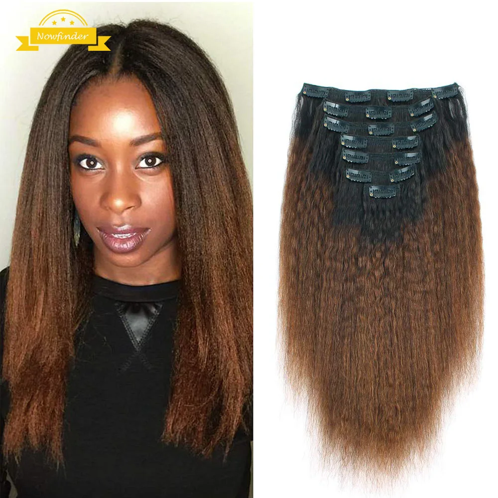 Thick Yaki Kinky Straight Clip in Ombre 1B/30 Color Natural Black Virgin Human Hair Clip on for Black Women 120 Grams