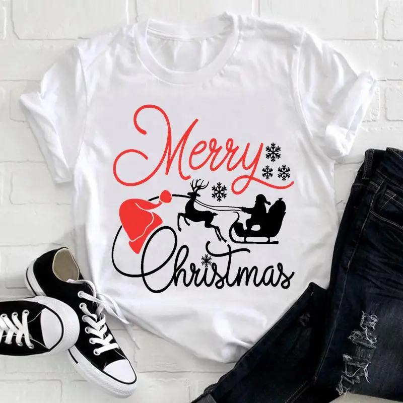 

Women Merry Christmas Print Tshirt T Tee Pretty Holiday Happy Time Season 2022 Nice Top Cartoon New Year Graphic T-shirt