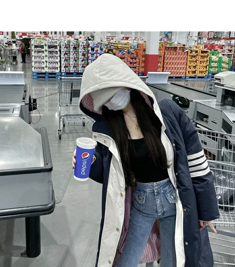 TB THOM Women's Jackets Winter Korean Fashion Brand Down Jackets 4-Bar Stripes Solid Hoodies Overcoats Thick Warm Long Coats
