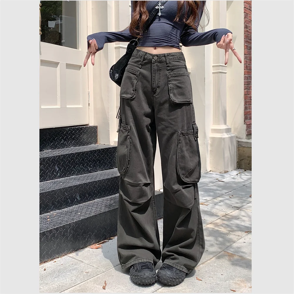 Джинсы-карго женские с завышенной талией винтажные прямые свободные брюки из