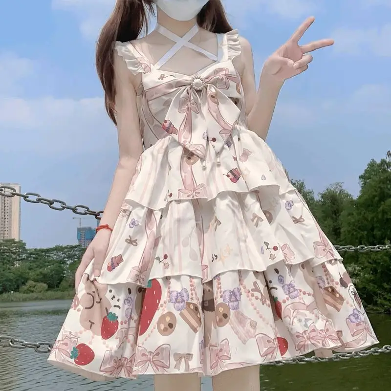 

[Little Cute Bear] Japanese Sweet High-waisted Lolita Dress Three-stage Jsk Bow Suspender Princess Y2k Dress