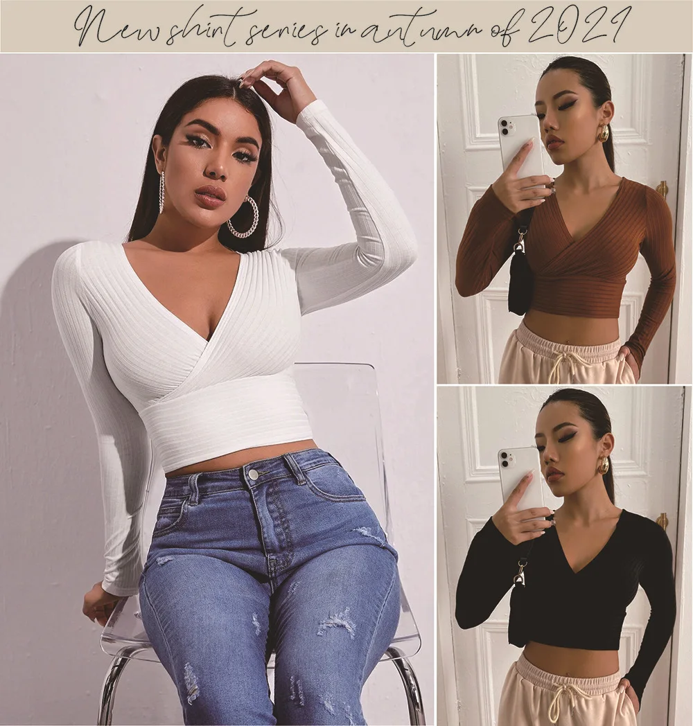 Sexy T-shirt 2022 Deep V-neck Women Knitted Full Sleeve Pullovers Casual Slim Bottoming Sweaters Female Elastic Cotton Tops