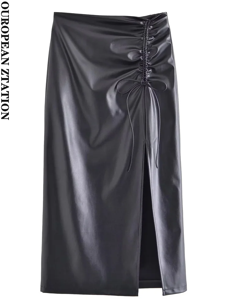 

PAILETE Women 2022 fashion with drawstring faux leather slit midi skirt vintage high waist back zipper female skirts mujer