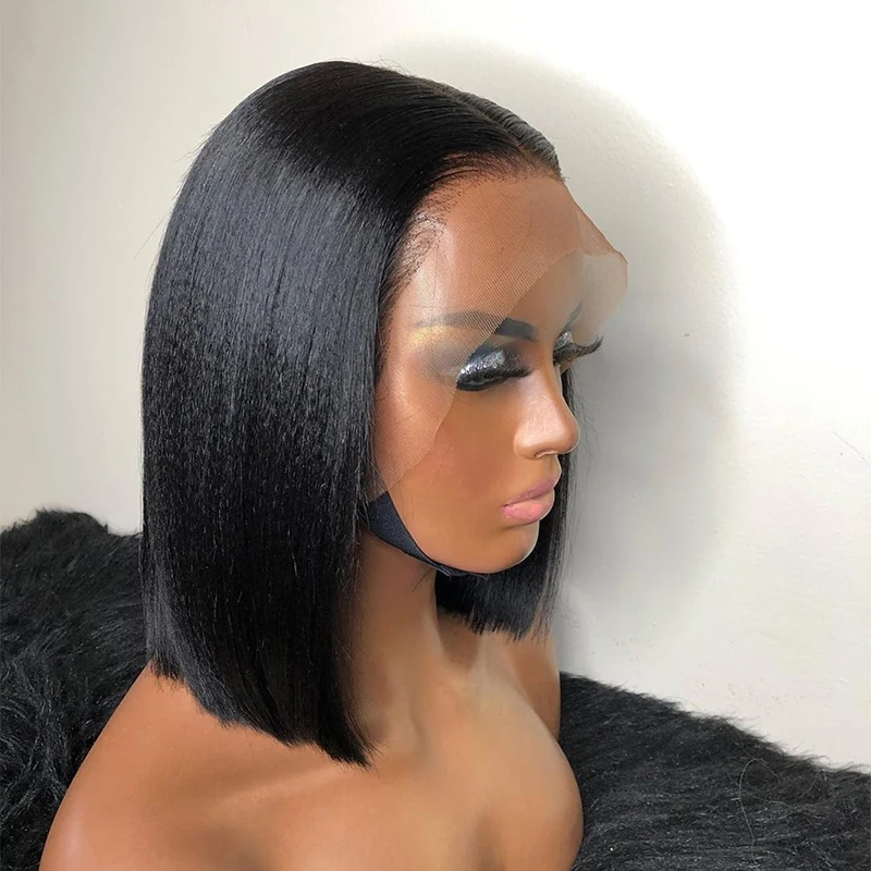 Soft Glueless Yaki Synthetic Blunt Short Bob Kinky Straight Natural Black 13X6Lace Front Wig For Women Babyhair Daily Cosplay