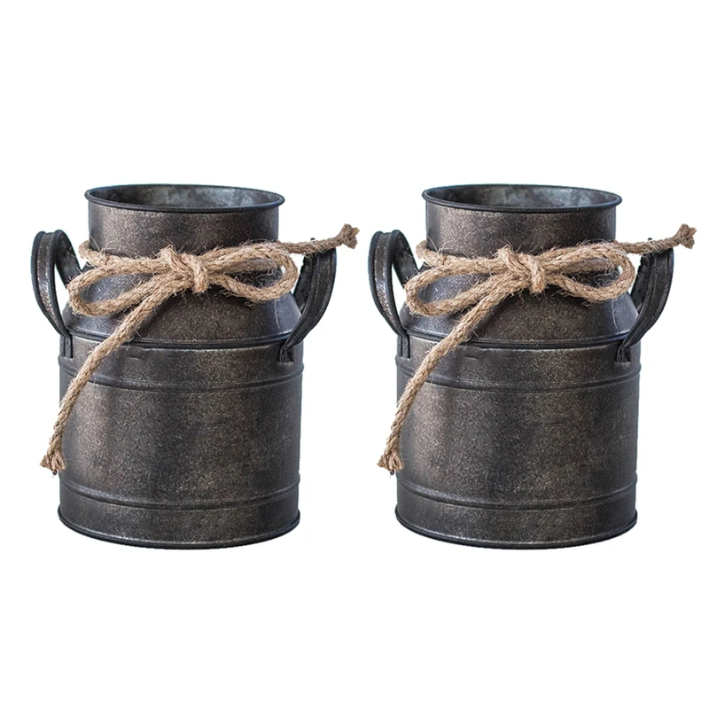 

2Pcs Flower Bucket Retro Iron Bucket Flower Pot Vase Decoration Ornaments Rural Style Milk Pot Bucket For Home Garden