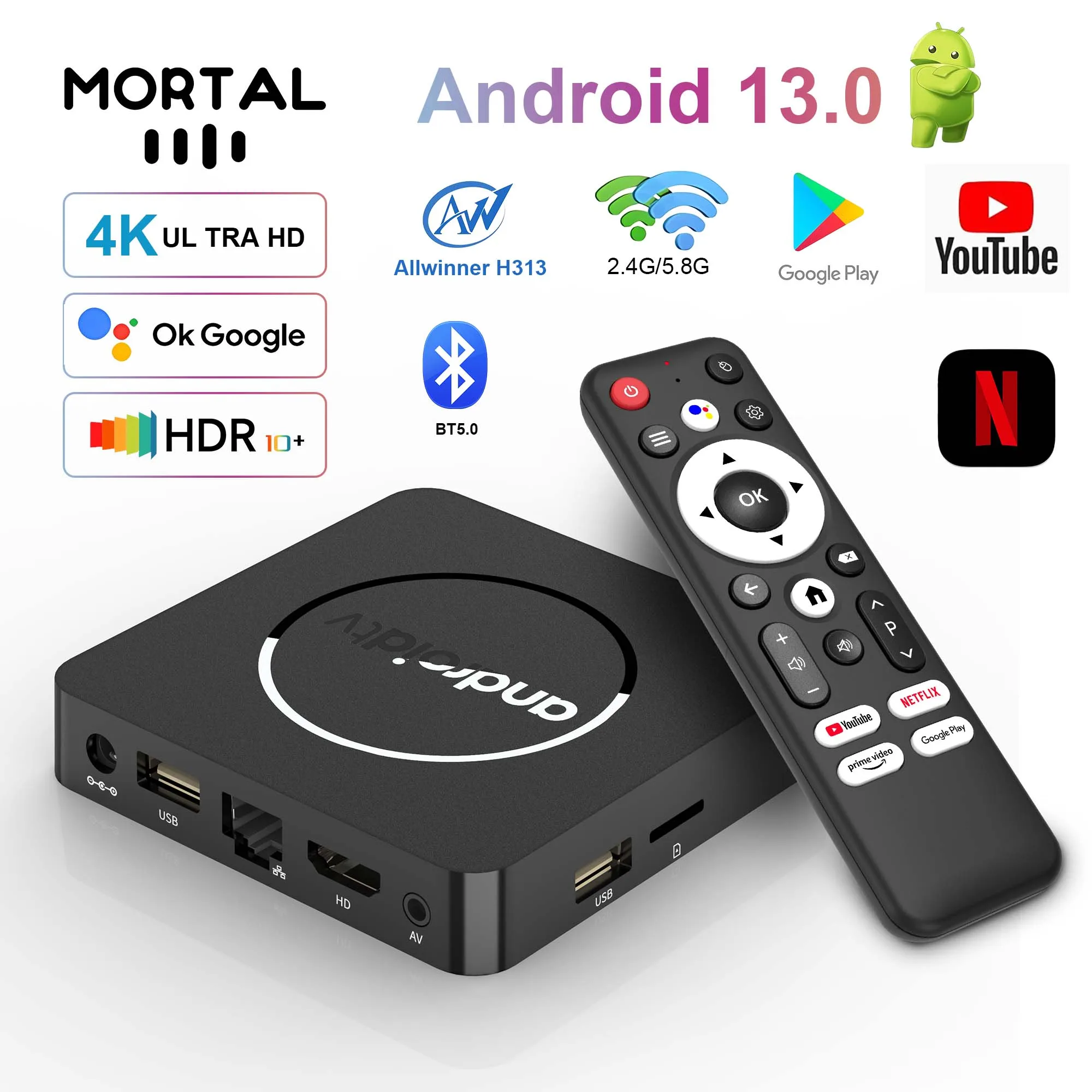 Smart Android TV Box Mortal Q1 Allwinner H313 Google Voice Youtube 4K HDR10 2.4G/5G WiFi BT5.0 16G Видеоприставка Медиаплеер