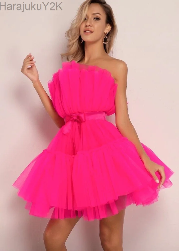 

Элегантное Сетчатое платье без бретелек, женское розовое мини-платье с открытыми плечами и бантом, сексуальное бальное платье без рукавов, Клубные платья