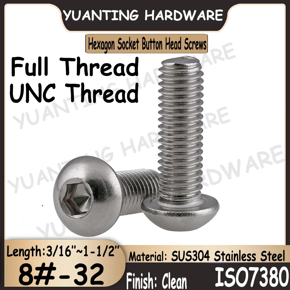 

25Pcs 8#-32x3/16''~1-1/2'' UNC Thread ISO7380 SUS304 Stainless Steel Hexagon Socket Button Head Screws Bolts with Full Thread