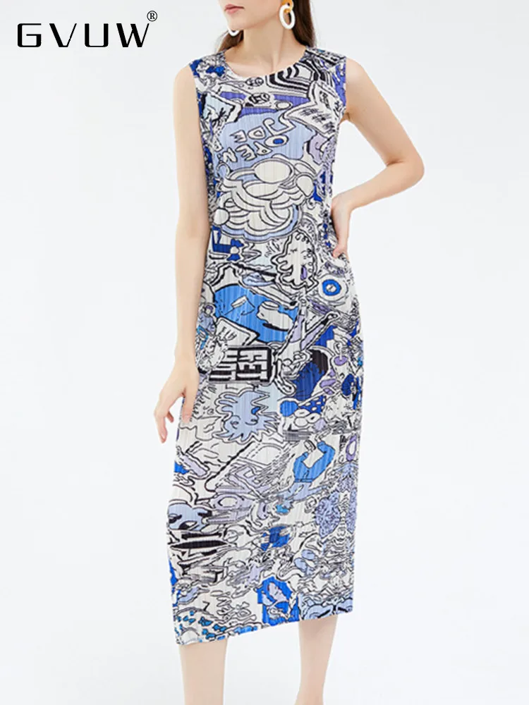 

Женское плиссированное платье GVUW, свободное платье с круглым вырезом, без рукавов, с принтом, модель 17J1343 на лето, 2023