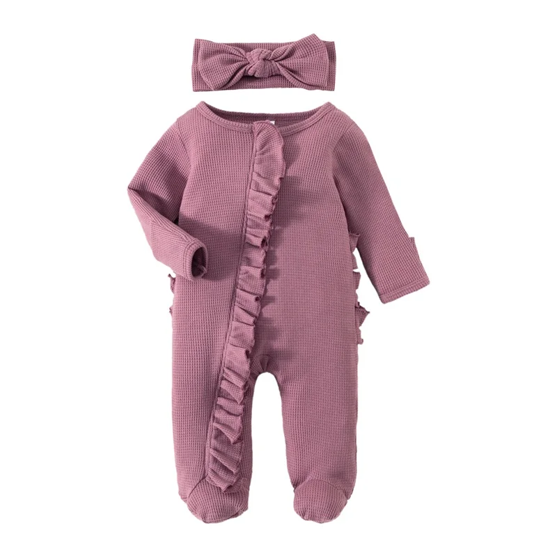 

Infant Girl Footies Rompers Solid Color Frills Crew Neck Long Sleeve Baby Jumpsuits Newborn Clothes Bodysuits with Headband