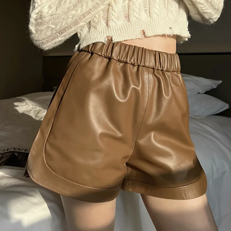 Lady Genuine Leather Shorts Spring Summer Short Leather Pants High Waist Elastic Women Loose Style TF5334