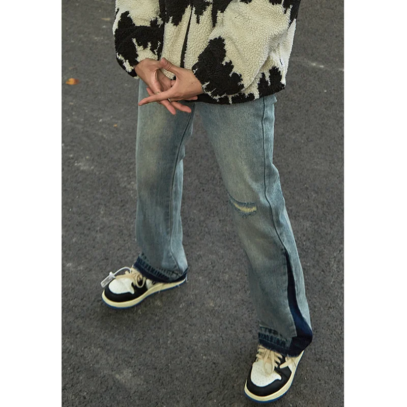 Streetwear Men 2022 New Vintage Straight Tube Splicing Recreational Jeans Simplicity Temperament Cylinder Trousers Autumn Female