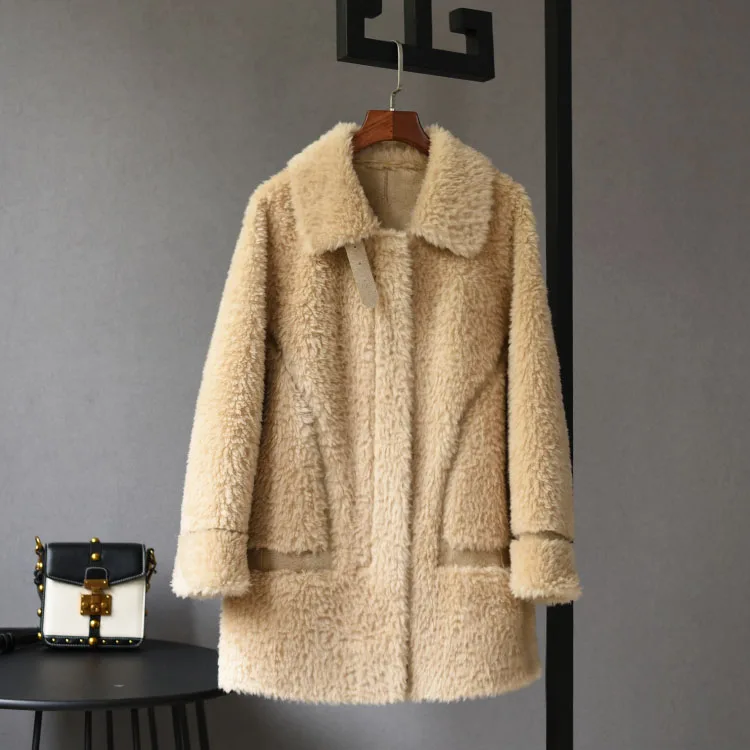 High Quality Real Lamb Fur Coats Women 2022 Autumn Winter Warm Female Long Genuine Lamb Fur Jackets Lapel Outerwear Overcoat C81
