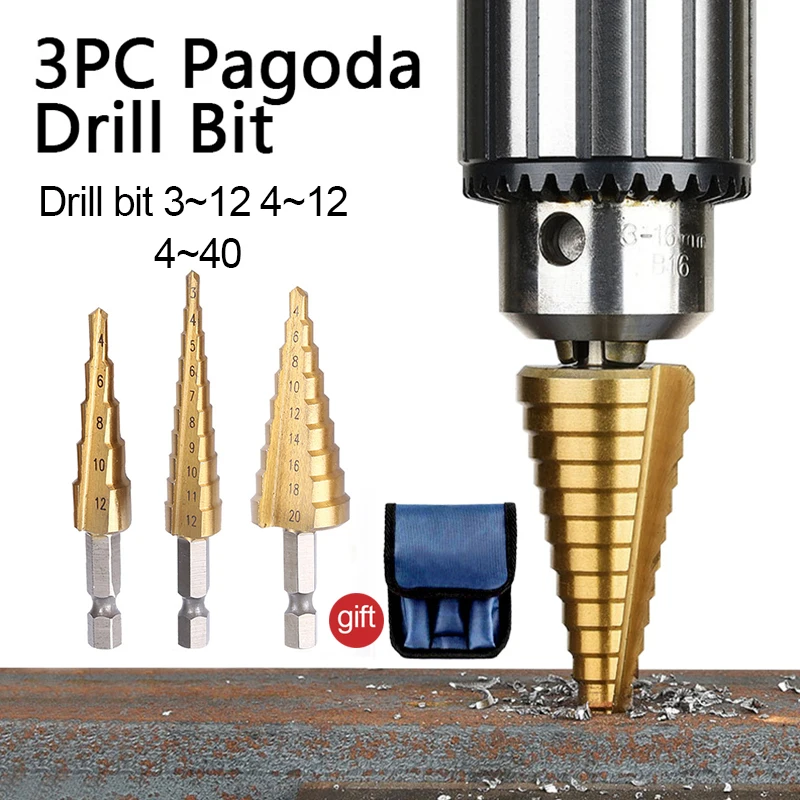 

3 Pcs HSS Straight Groove Step Drill Bit Titanium Coated Wood Metal Hole Cutter Core Drilling Tools Set