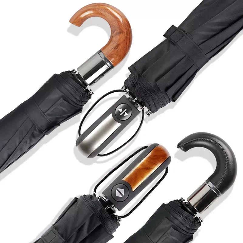 

Wind Resistant 3Fold Automatic Umbrella Rain Women Leather Wood Handle Business British Style Umbrella Men's Gift Large Umbr
