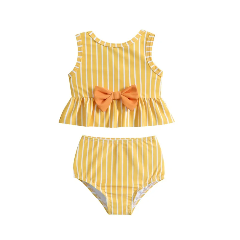 

Toddler Girl Two Piece Swimsuits, Sleeveless Round Neck Striped Print Tops + Bikini Bottom Set