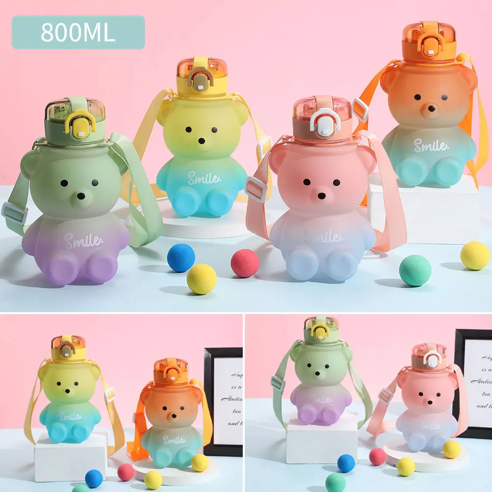 800ml Cute Kawaii Water Bottle for Girl Bear Plastic Pink Korean Plastic Large Sports School Drinking Bottle With Strap Straw