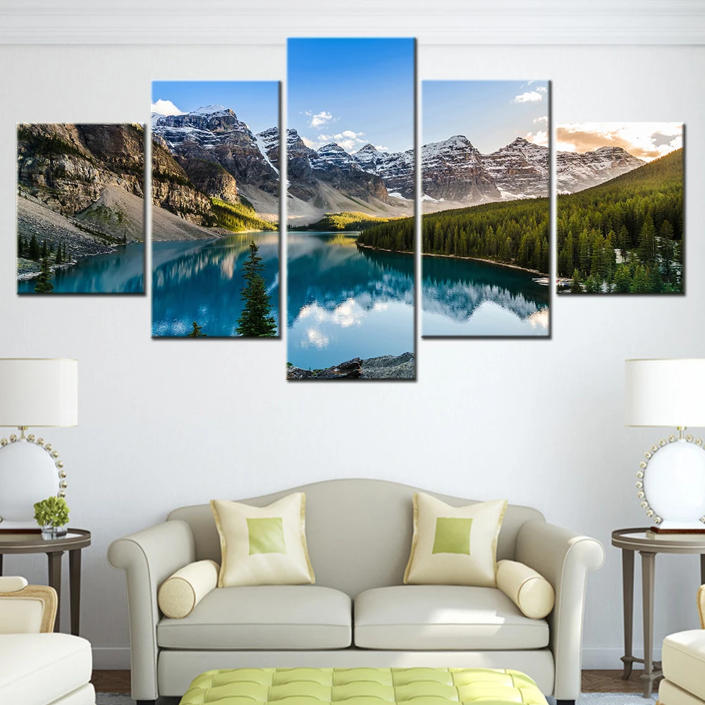 

5 Pieces Wall Art Snow Mountain and Lake National Park Landscape Modern Artwork Painting Print On Canvas Framed Picture Bedroom
