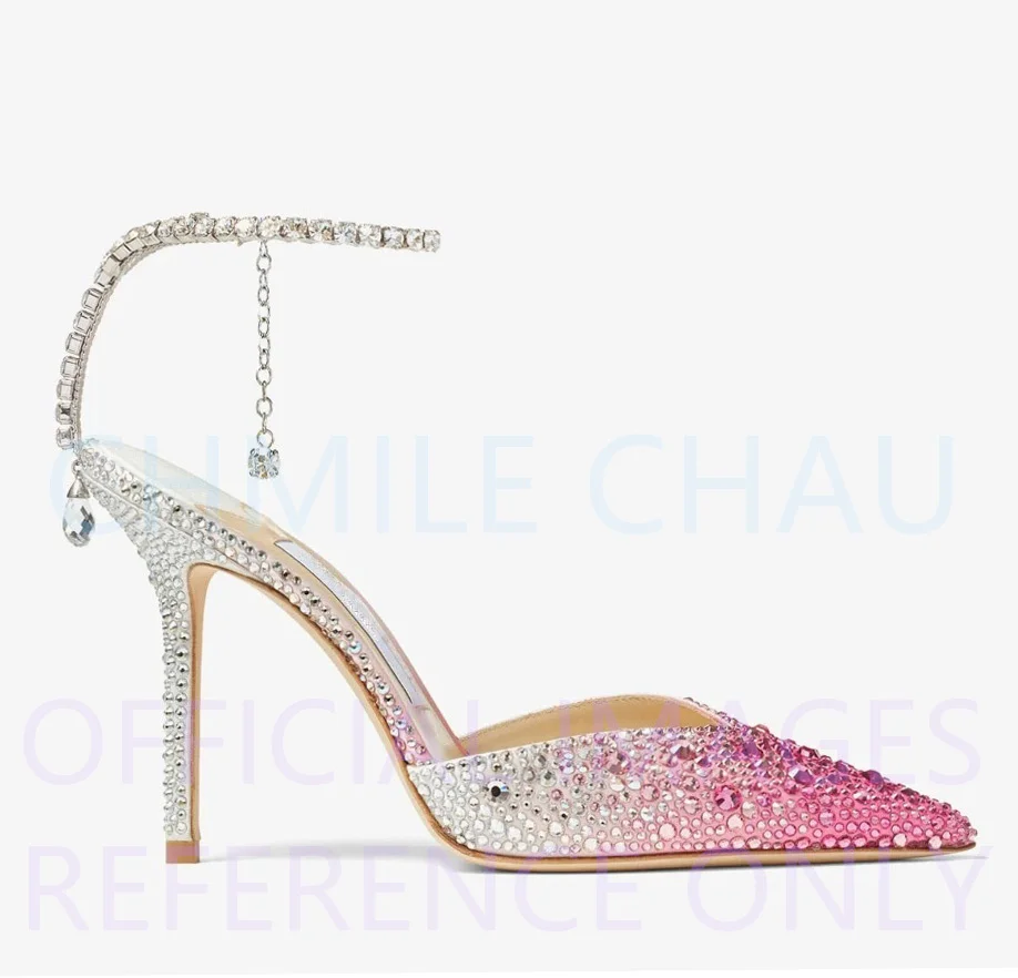 Brand Designer Women Luxury Sandal Wedding Elegant Crystal High Heel Ankle Strap Party Pointed Toe Sexy Stilettos Shoe 34-CHC-26