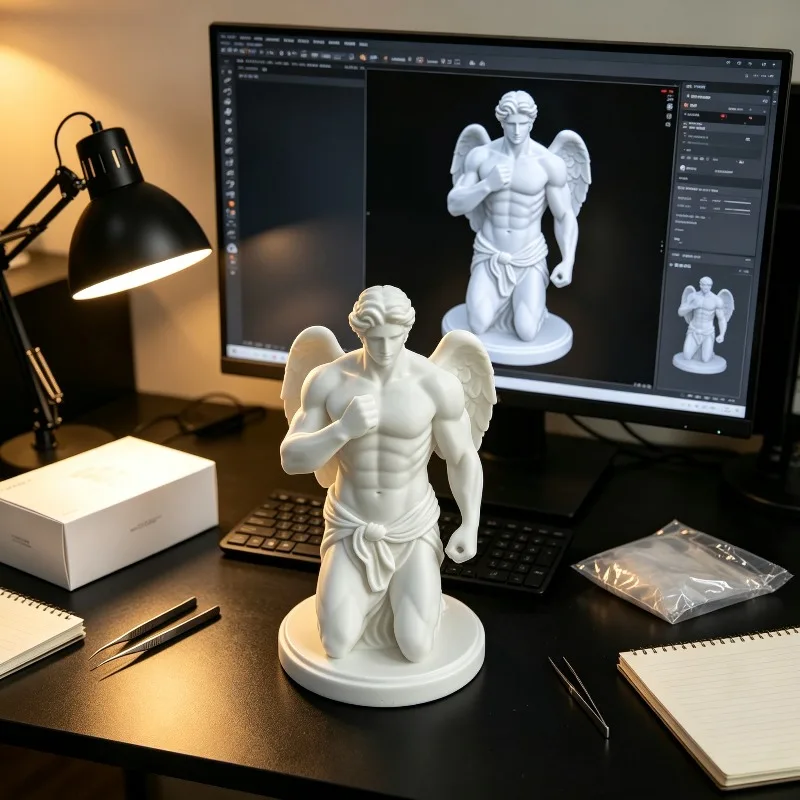 Фото Новая 3D-печатная статуя мышечного крылатого ангела в позе на коленях, пластиковая скульптура по мотивам греческой мифологии, можно раскрасить самостоятельно. №5