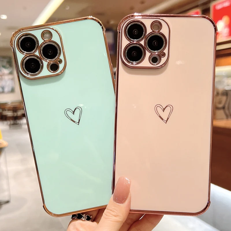 

Plating Camera Love Heart Phone Case For iphone 12 13 Mini 11 Pro XS Max XR X 8 7 Plus SE 2020 Silicone Soft TPU Back Cover