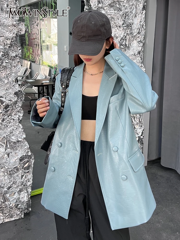 

TWOTWINSTYLE Double Breasted Leather Jackets For Women Notched Collar Long Sleeve Patchwork Pockets Jacket Female Clothes Casual