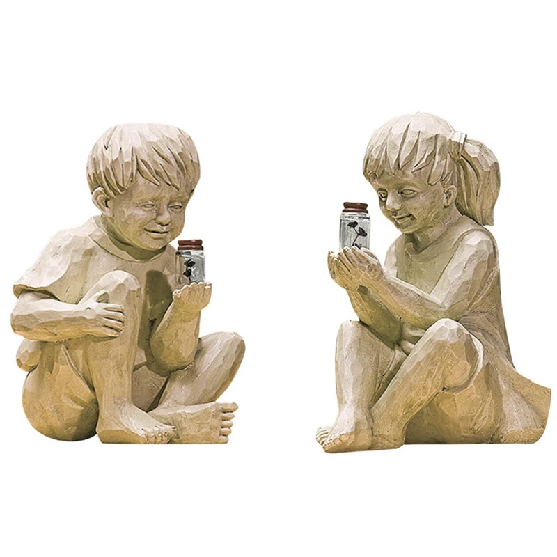 

1 Pair Of Kid With Solar Fireflies Garden Statue Resin Jar Boy Girl Statue Whimsical Flowerbed Yard Outdoor Decor