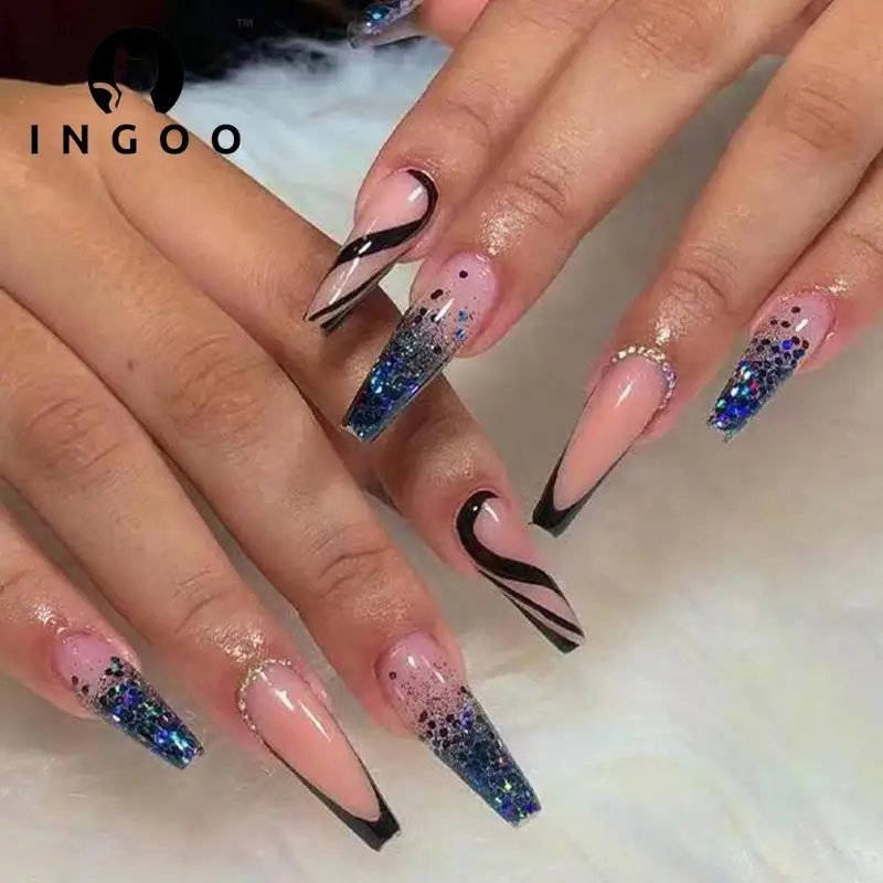 

24 шт. многоразовые наклейки на Длинные накладные ногти бриллианты нажимайте на гробы Синие Блестящие французские накладные ногти искусств...