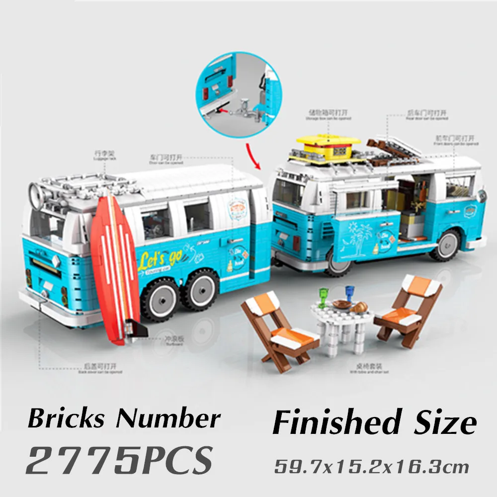 

New Classic T2 Travel Trip Bus Camper Car Model Building Blocks DIY Bricks Kid Toys Birthday Gifts Boys Set