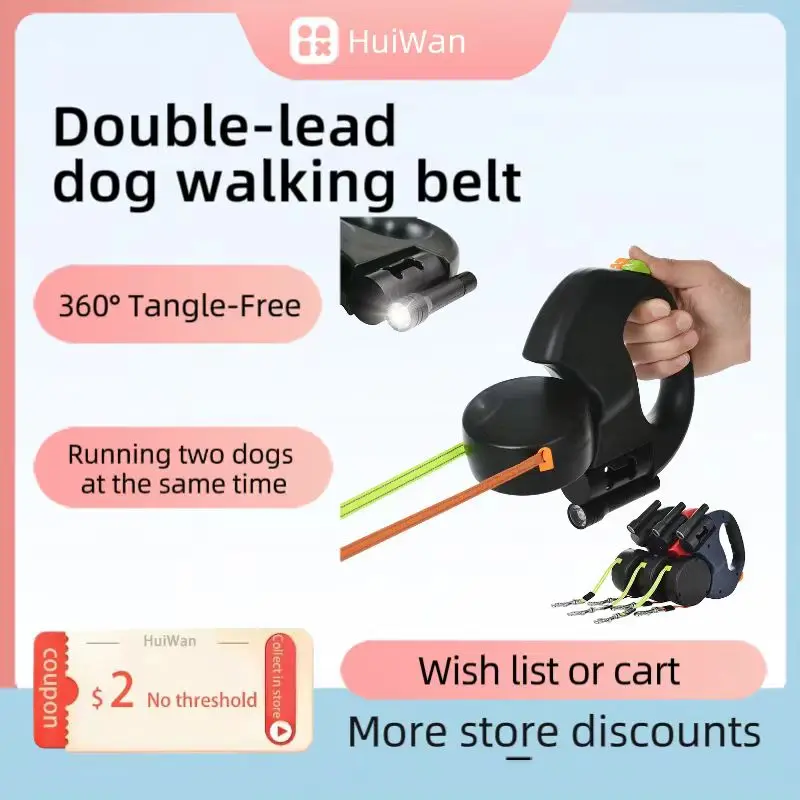 

3m Retractable Dog Leash for Small Dogs Reflective Dual Pet Leash Lead 360 Swivel No Tangle Double Dog Walking Leash with Lights