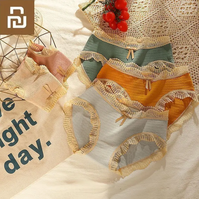 

Женское нижнее белье Youpin, хлопковые трусики со средней талией, Бесшовные Удобные антибактериальные дышащие трусики с кружевными краями