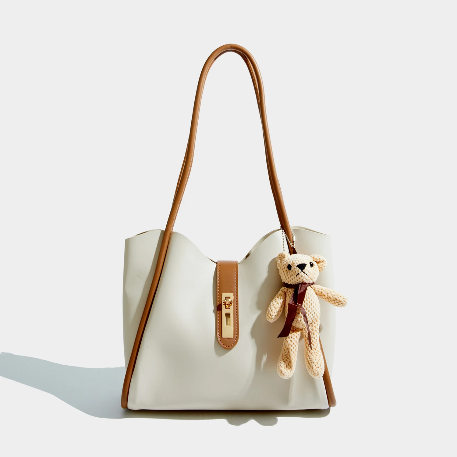 Elmsk 2022 England Style Fashion Simple Color Contrast Cute Bears PU Leather Large Capacity Shoulder Bag Tote Bag