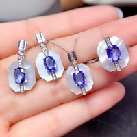 meibapj natural tanzanite shell jewelry set 925 solid silver necklace earrings ring wedding jewelry for women