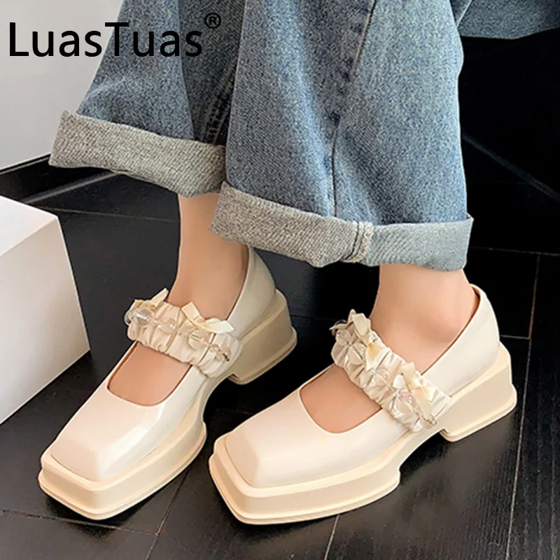 

LuasTuas 2022 New Ladies Pumps Genuine Leather Square Toe Ins Style Spring Women Shoes Fashion Cool Party Footwear Size 34-39